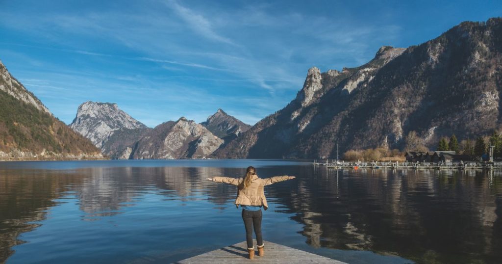 Girl Feeling Free at Traunstein Lake and Traunstein Mountail